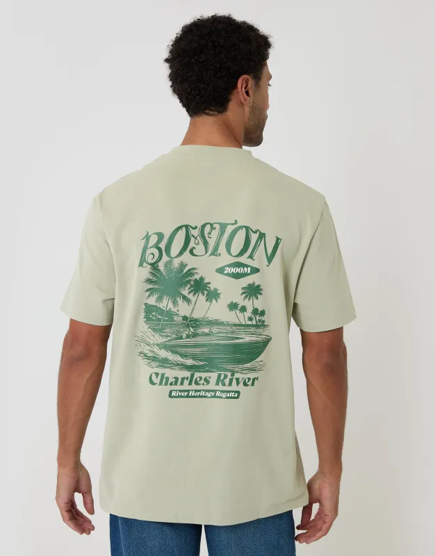 Relaxed Fit Boston Peached Cotton T-Shirt in Sage Green made by Threadbare