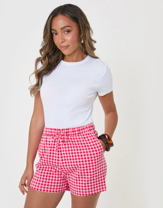 Pull On Jersey Shorts in Pink & Red Check made by Threadbare