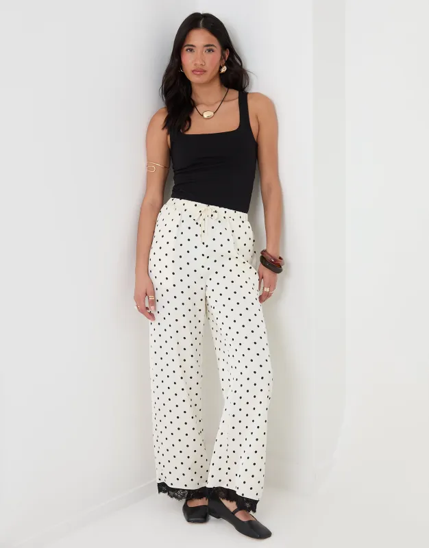 Wide Leg Satin Lace Trim Trousers in Cream Polka Dot made by Threadbare