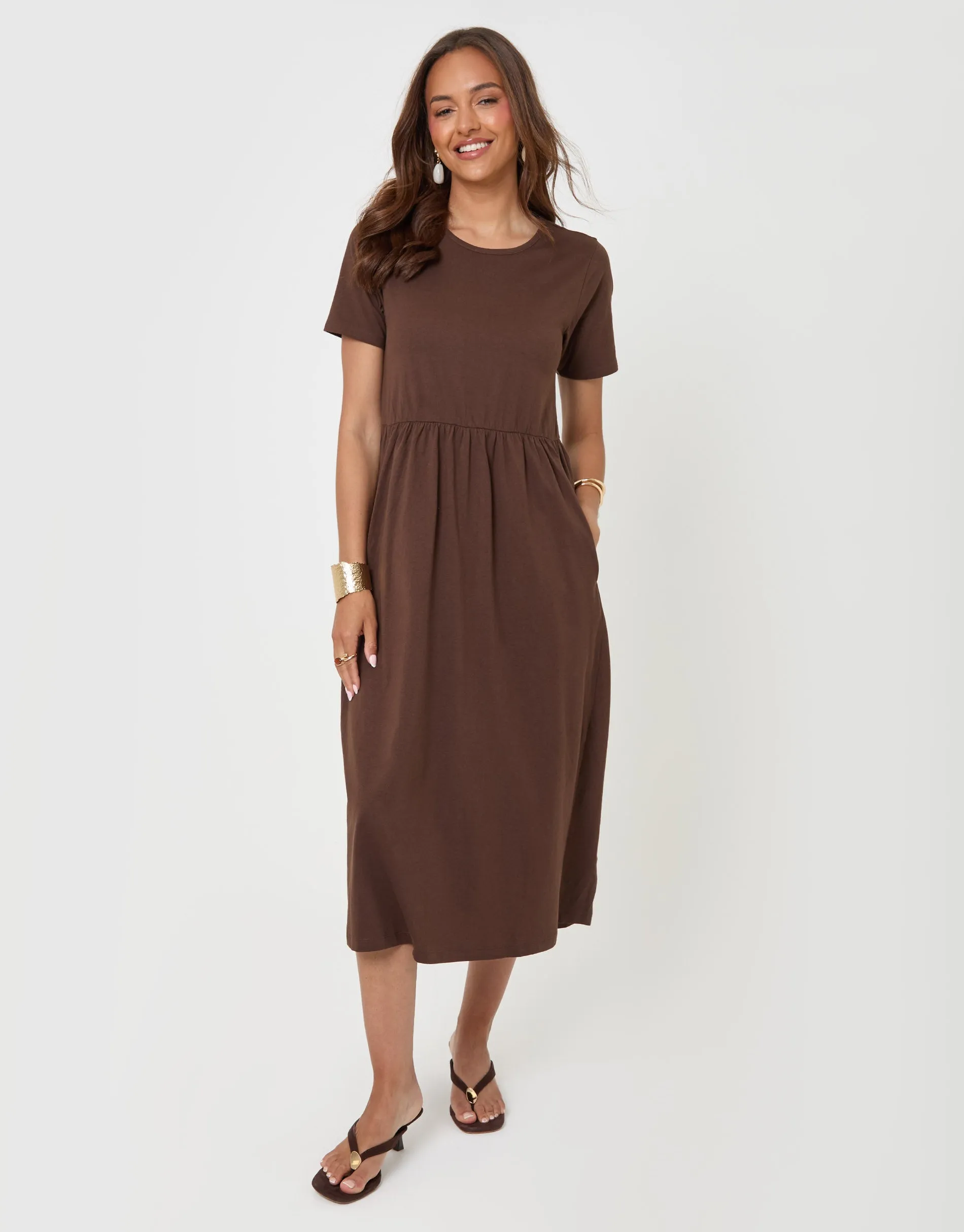 Pure Cotton Midi Smock Dress with Pockets in Chocolate Brown sold by Threadbare product image thumbnail 4