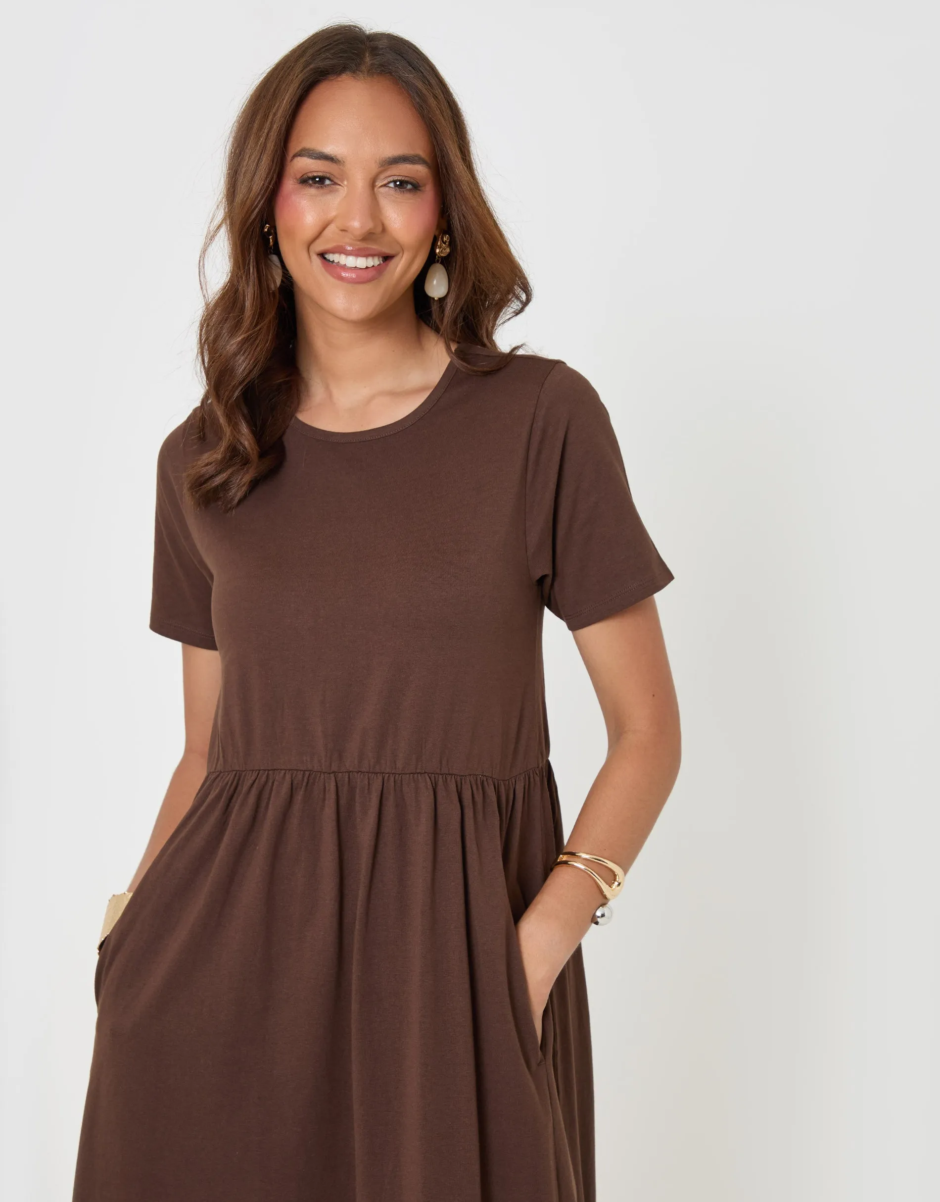 Pure Cotton Midi Smock Dress with Pockets in Chocolate Brown sold by Threadbare product image thumbnail 3