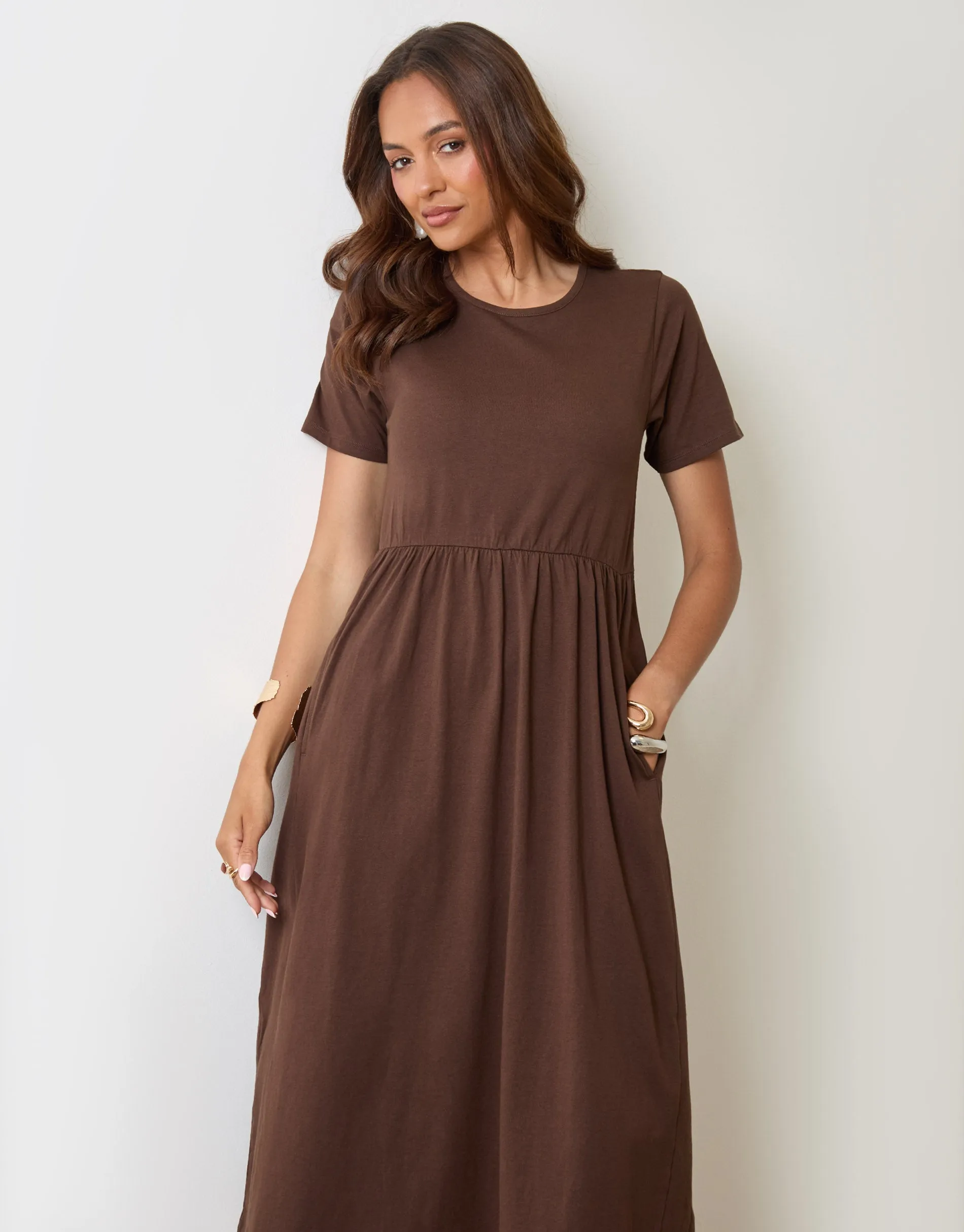 Pure Cotton Midi Smock Dress with Pockets in Chocolate Brown sold by Threadbare