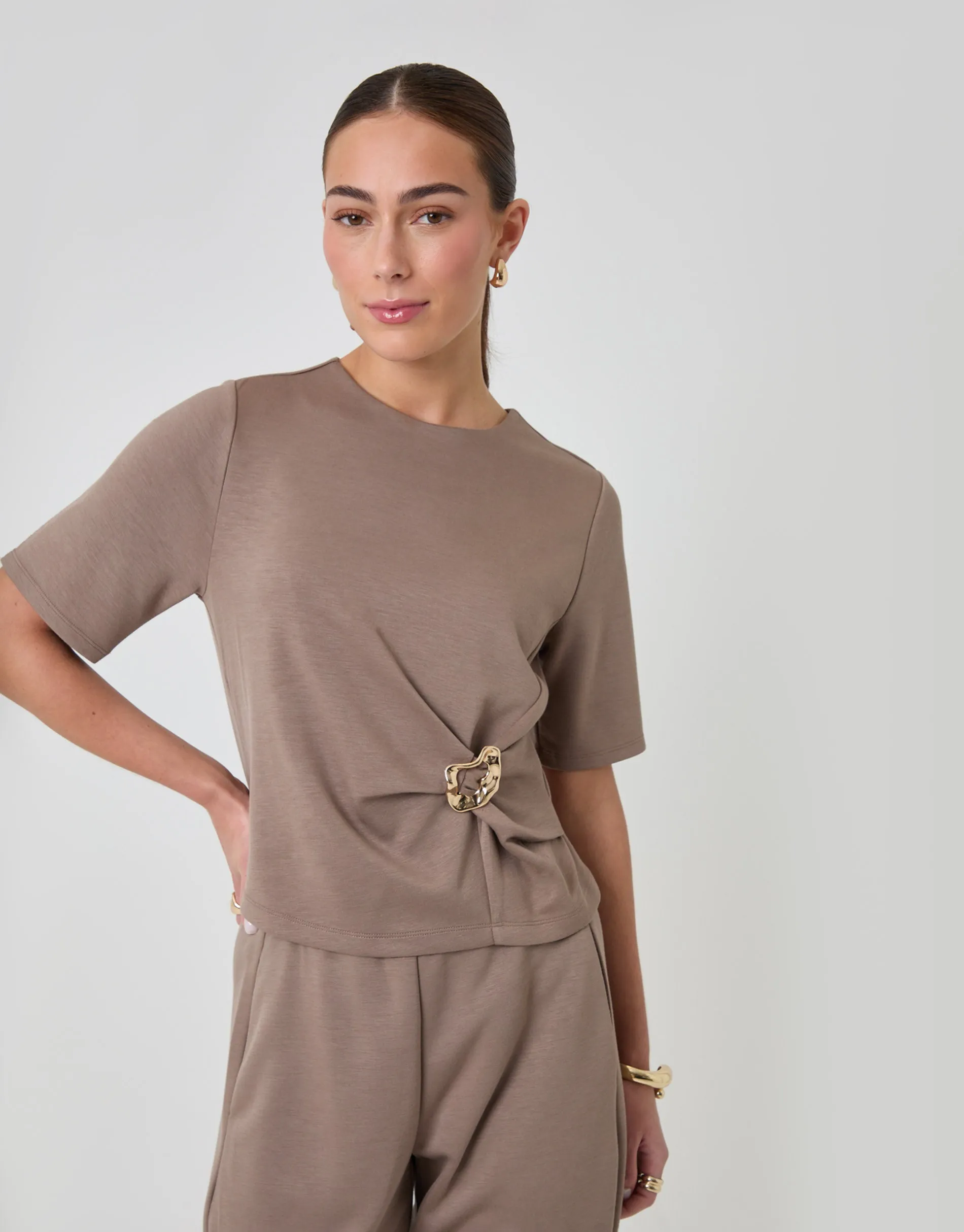 Relaxed Fit Knot Detail Top & Barrel Leg Trousers Set in Mink Brown sold by Threadbare product image thumbnail 4