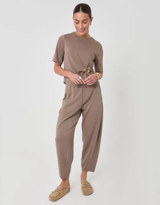 Relaxed Fit Knot Detail Top & Barrel Leg Trousers Set in Mink Brown made by Threadbare