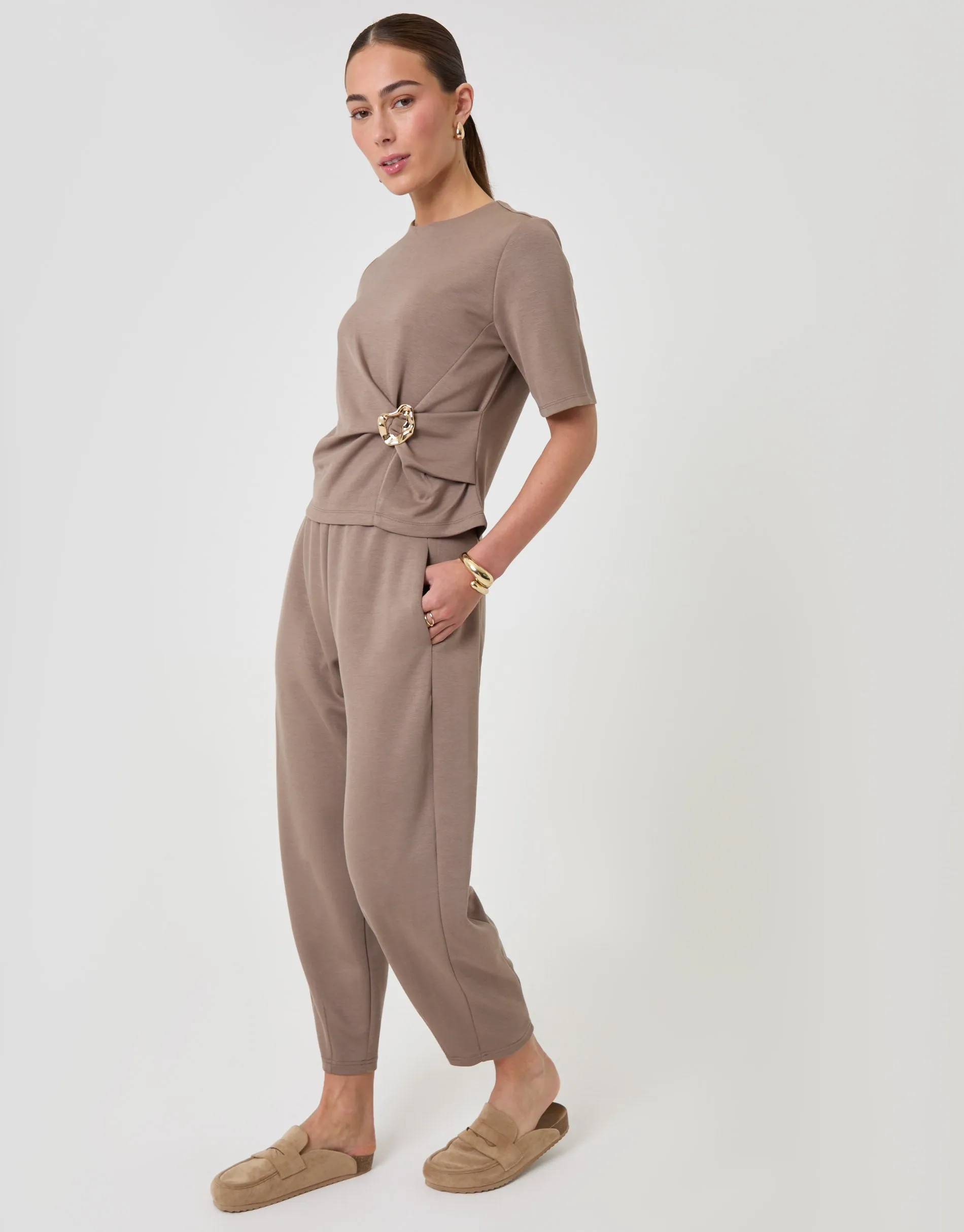 Relaxed Fit Knot Detail Top & Barrel Leg Trousers Set in Mink Brown sold by Threadbare product image thumbnail 2