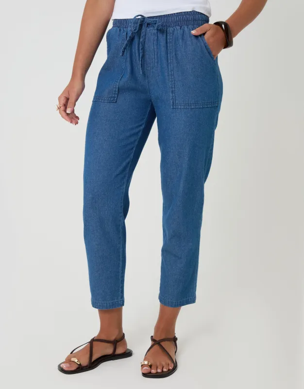 Petite Drawstring Waist Tapered Jeans in Mid Wash made by Threadbare