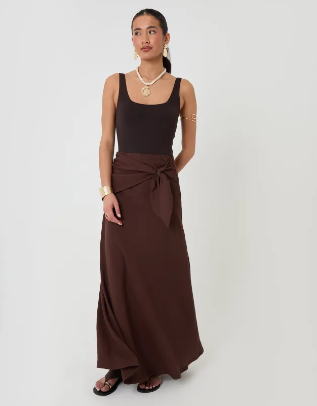 Tie Sash Maxi Skirt in Chocolate Brown made by Threadbare