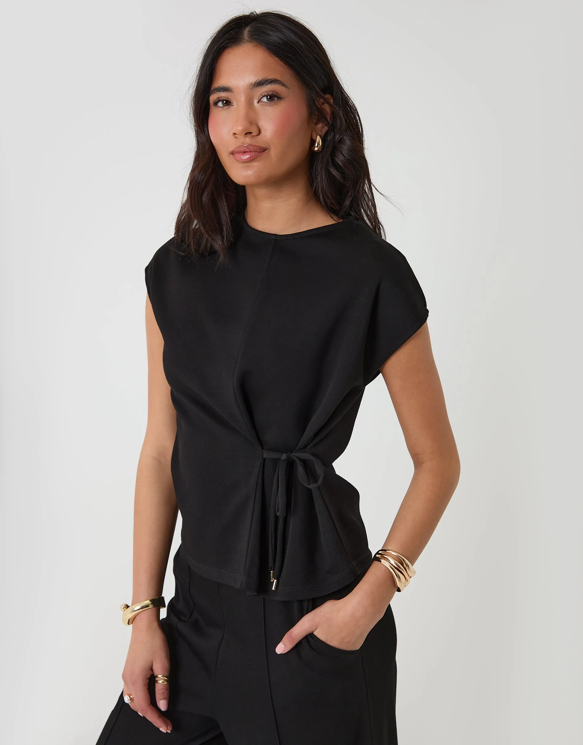 Relaxed Fit Tie Top & Wide Leg Trousers Set in Black sold by Threadbare product image thumbnail 3