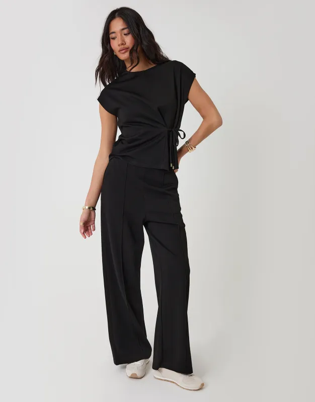 Relaxed Fit Tie Top & Wide Leg Trousers Set in Black made by Threadbare