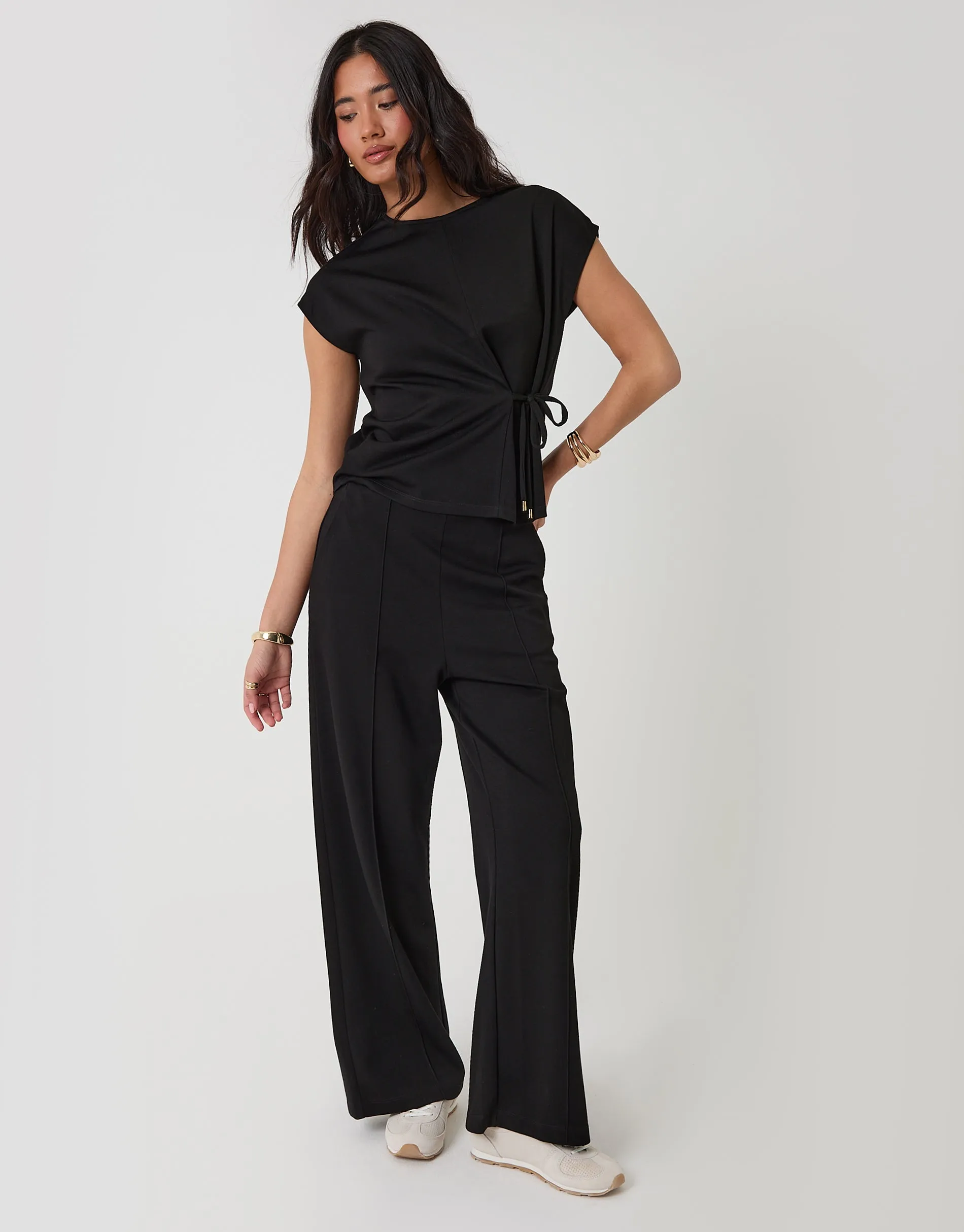 Relaxed Fit Tie Top & Wide Leg Trousers Set in Black sold by Threadbare