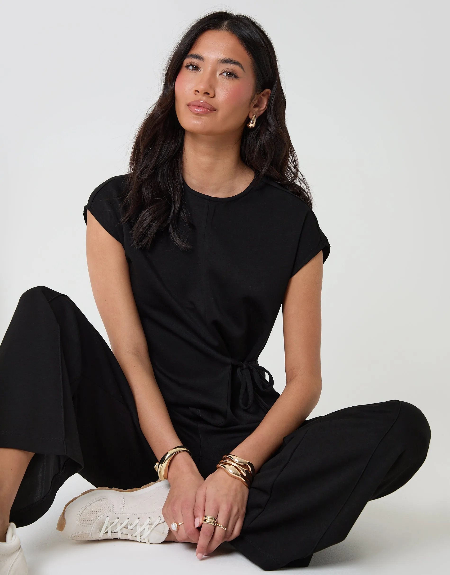 Relaxed Fit Tie Top & Wide Leg Trousers Set in Black sold by Threadbare product image thumbnail 4
