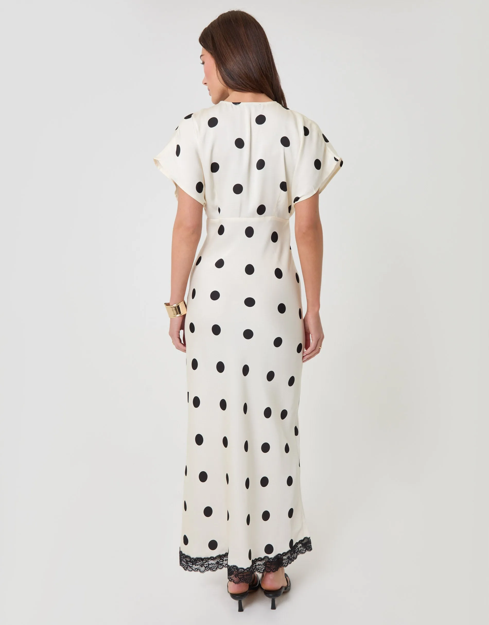 Satin Lace Trim Tea Dress in Cream Polka Dot sold by Threadbare product image thumbnail 2