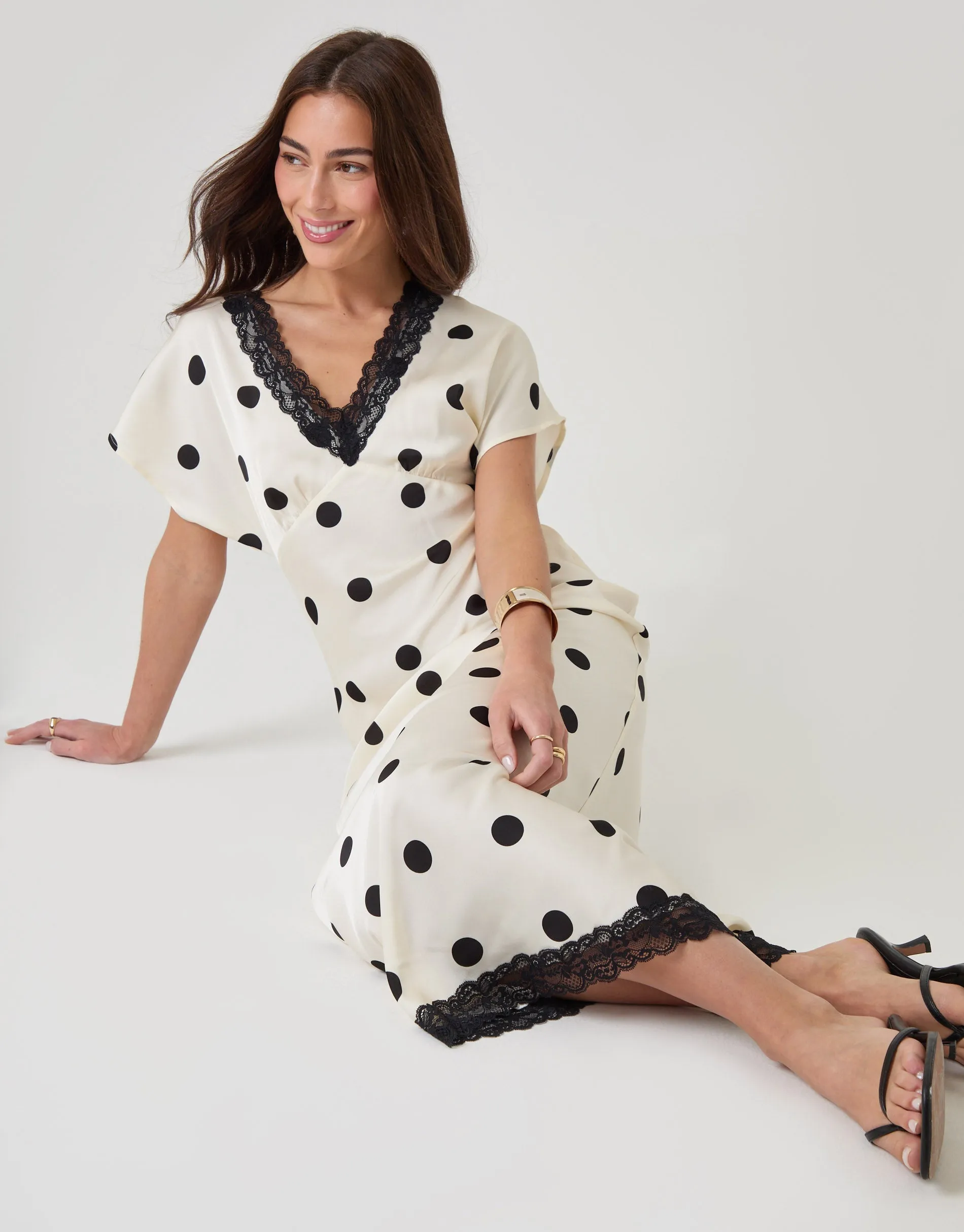 Satin Lace Trim Tea Dress in Cream Polka Dot sold by Threadbare