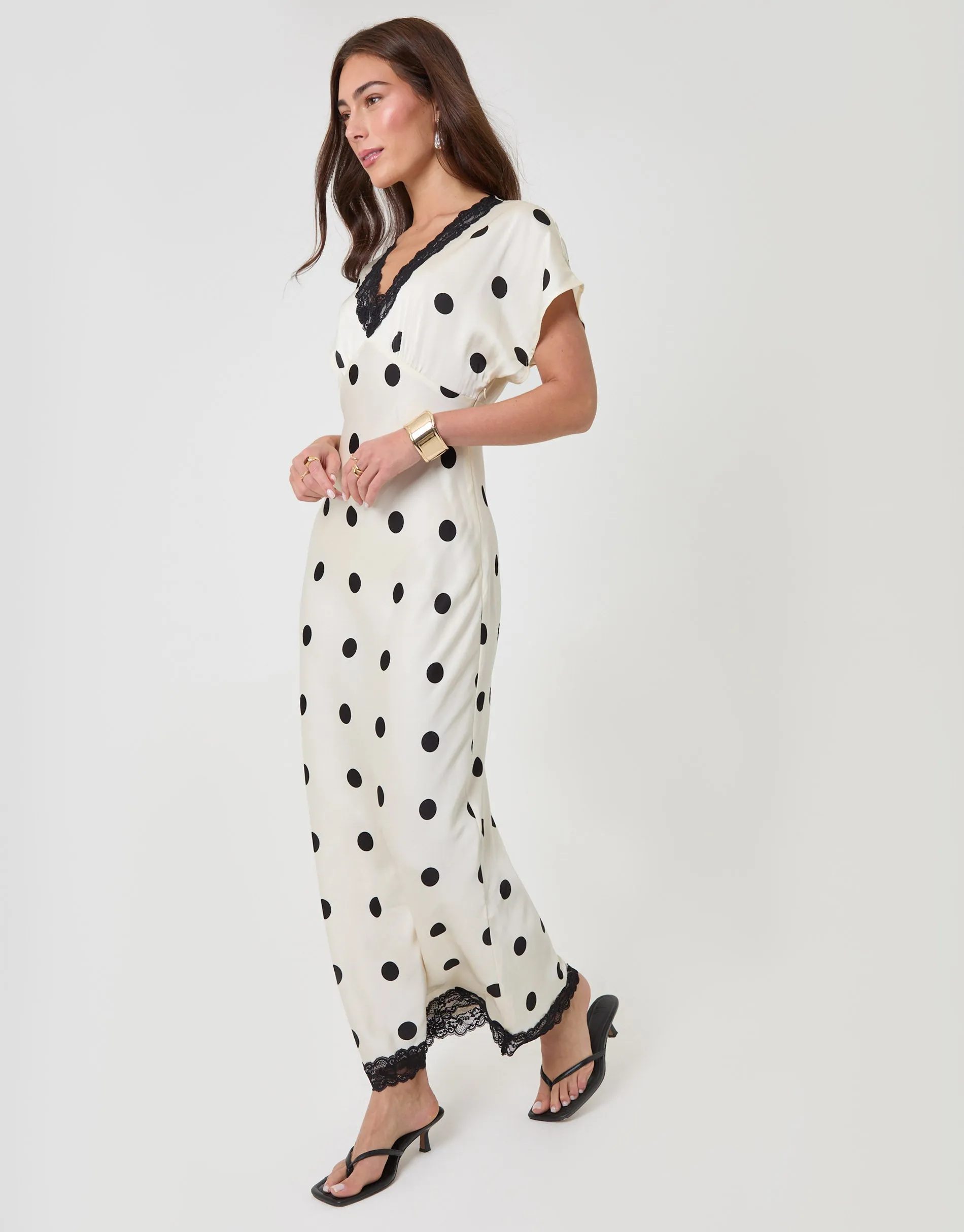 Satin Lace Trim Tea Dress in Cream Polka Dot sold by Threadbare product image thumbnail 3