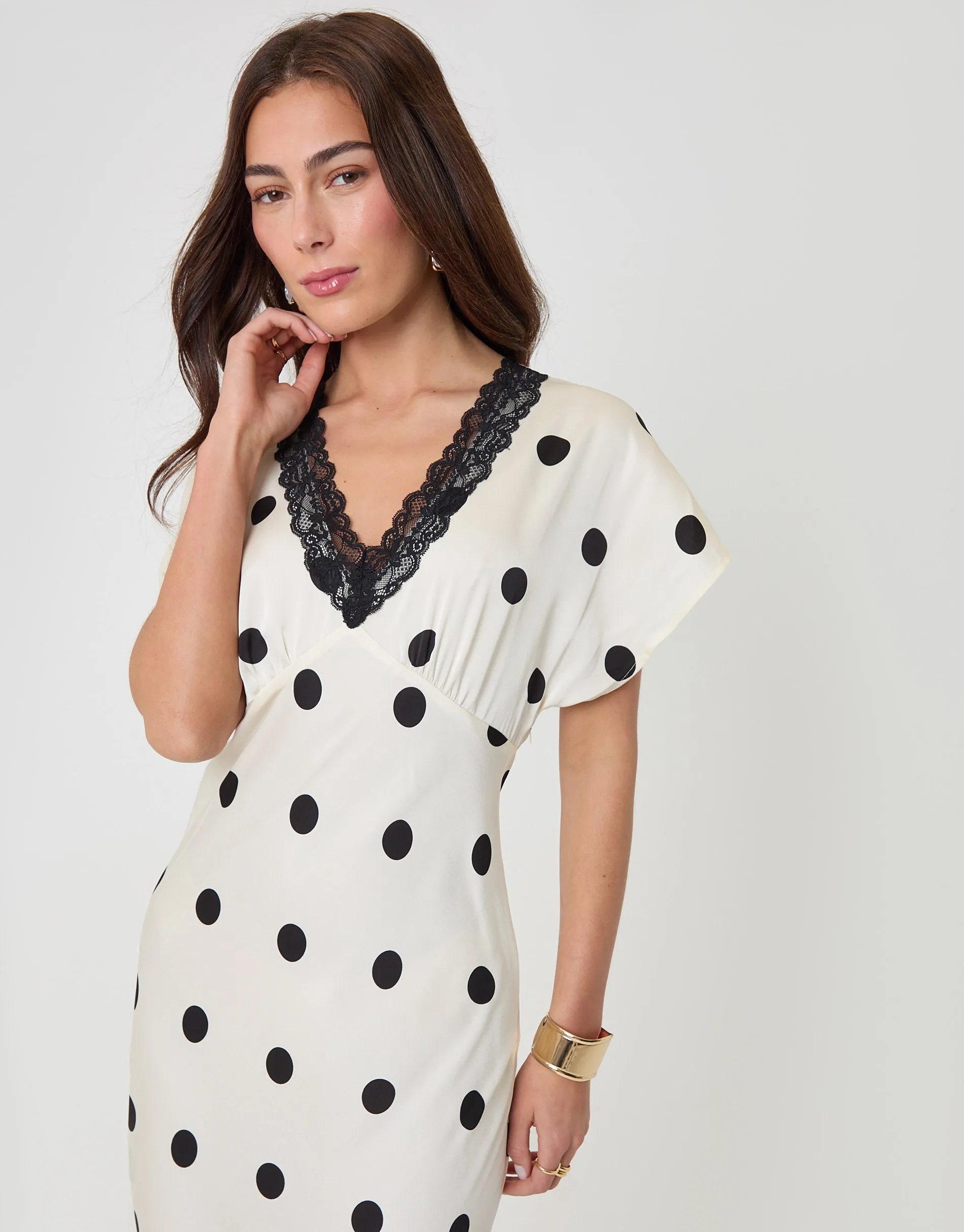 Satin Lace Trim Tea Dress in Cream Polka Dot sold by Threadbare product image thumbnail 4