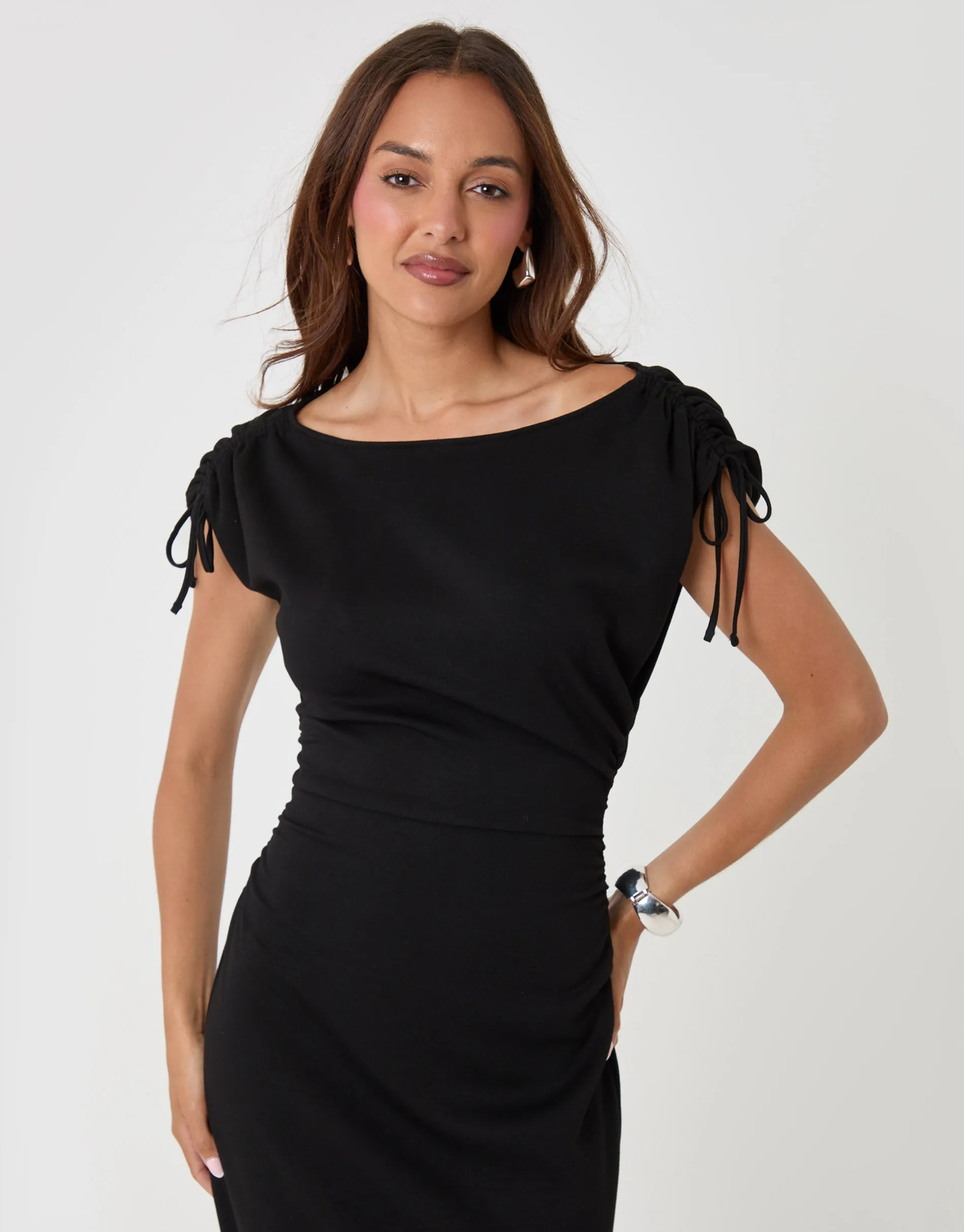 Petite Ruched Midi Dress with Shoulder Tie Details in Black sold by Threadbare product image thumbnail 4