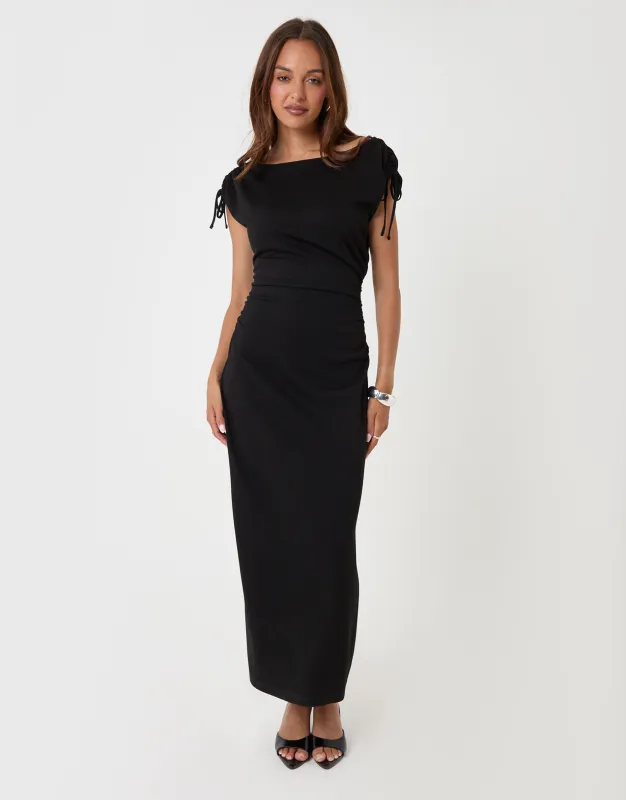 Petite Ruched Midi Dress with Shoulder Tie Details in Black made by Threadbare