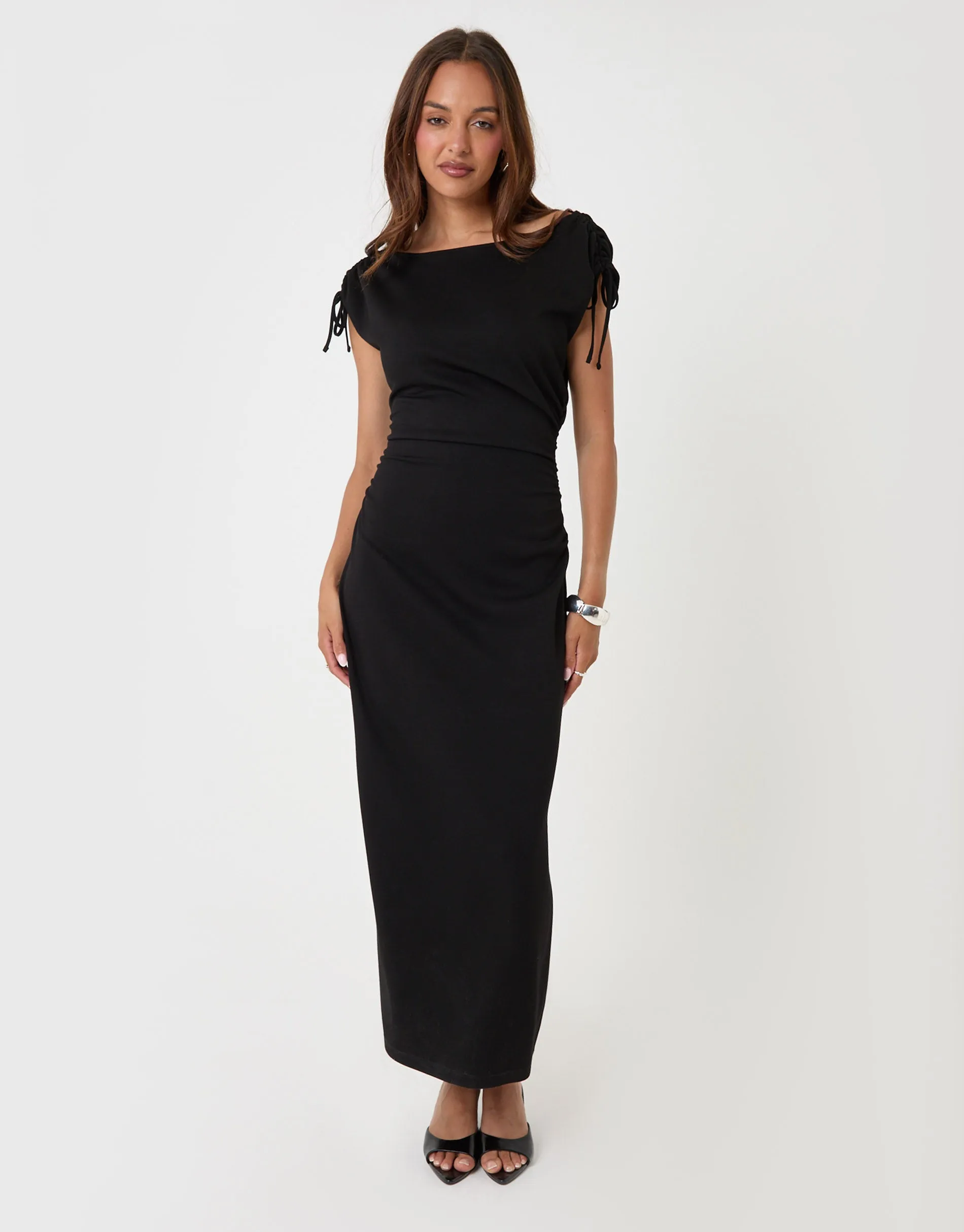 Petite Ruched Midi Dress with Shoulder Tie Details in Black sold by Threadbare