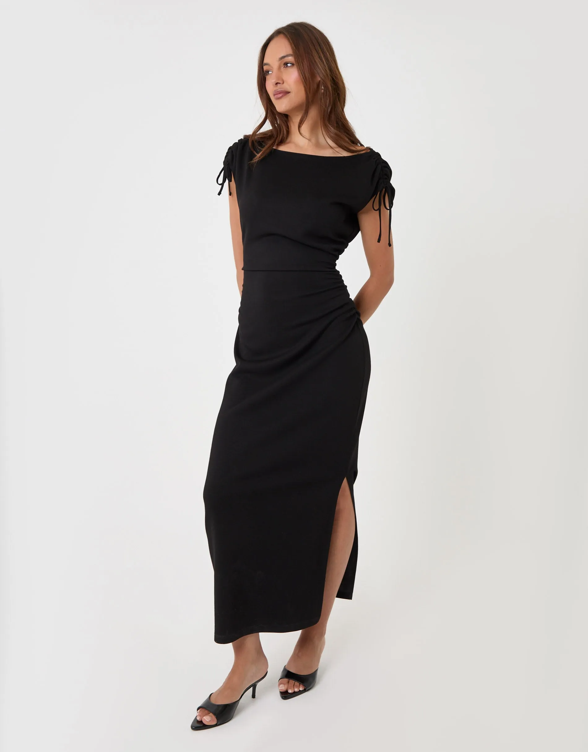 Petite Ruched Midi Dress with Shoulder Tie Details in Black sold by Threadbare product image thumbnail 2