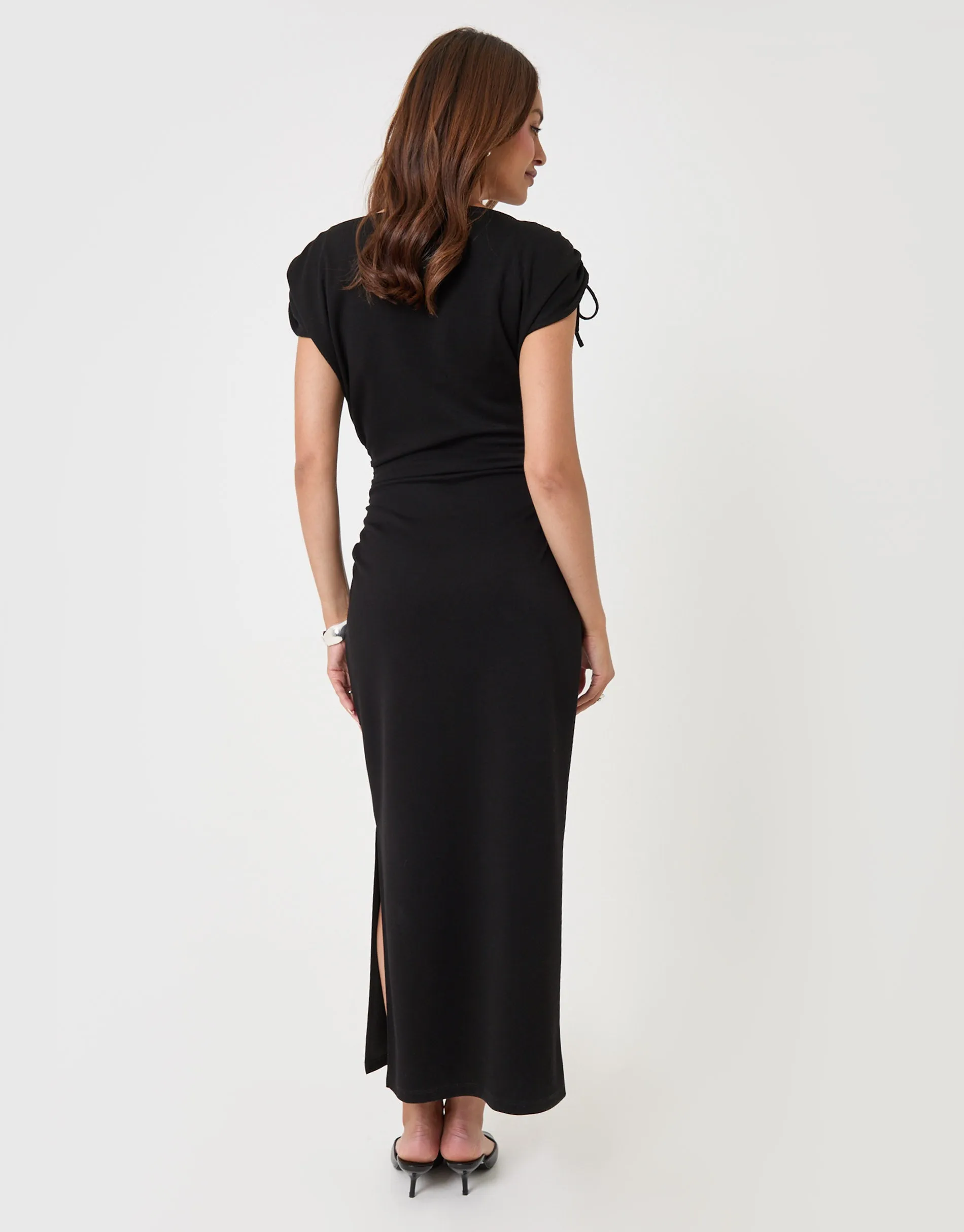 Petite Ruched Midi Dress with Shoulder Tie Details in Black sold by Threadbare product image thumbnail 3