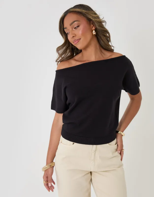 Short Sleeve Slash Neck Jumper in Black made by Threadbare