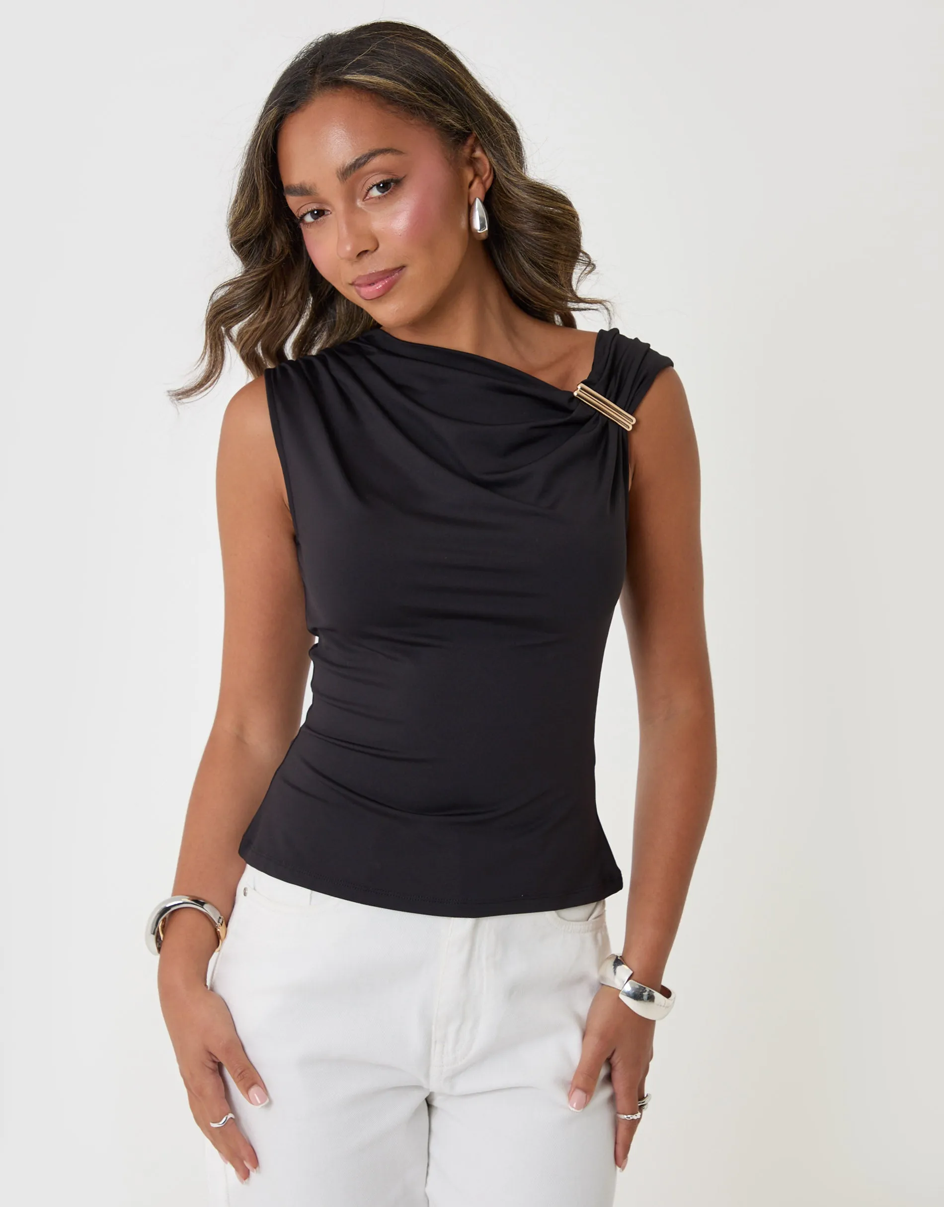Asymmetric Draped Vest in Black sold by Threadbare