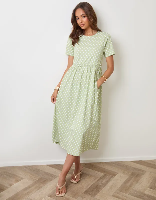 Petite Pure Cotton Midi Smock Dress with Pockets in Sage Spot made by Threadbare