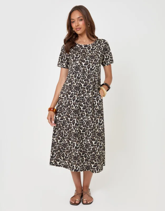 Petite Pure Cotton Midi Smock Dress with Pockets in Leopard Print made by Threadbare