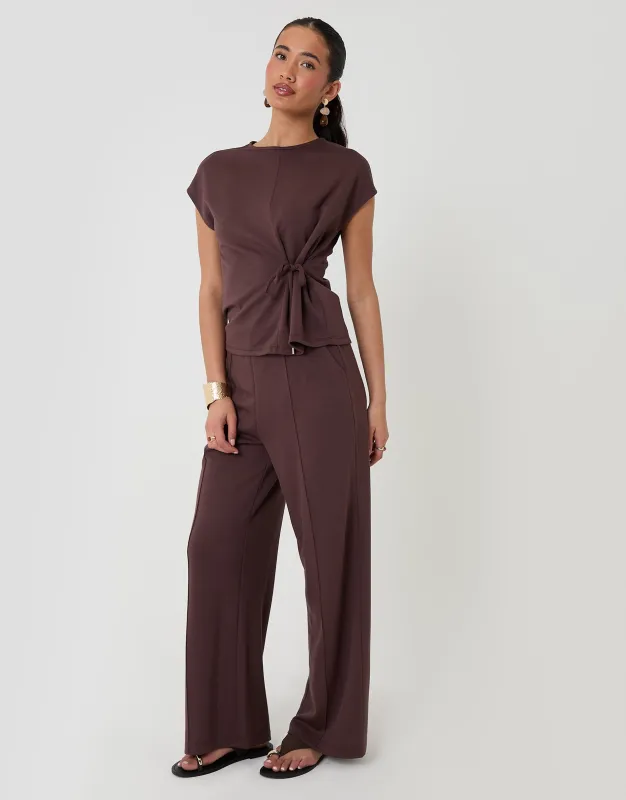 Relaxed Fit Tie Top & Wide Leg Trousers Set in Chocolate Brown made by Threadbare
