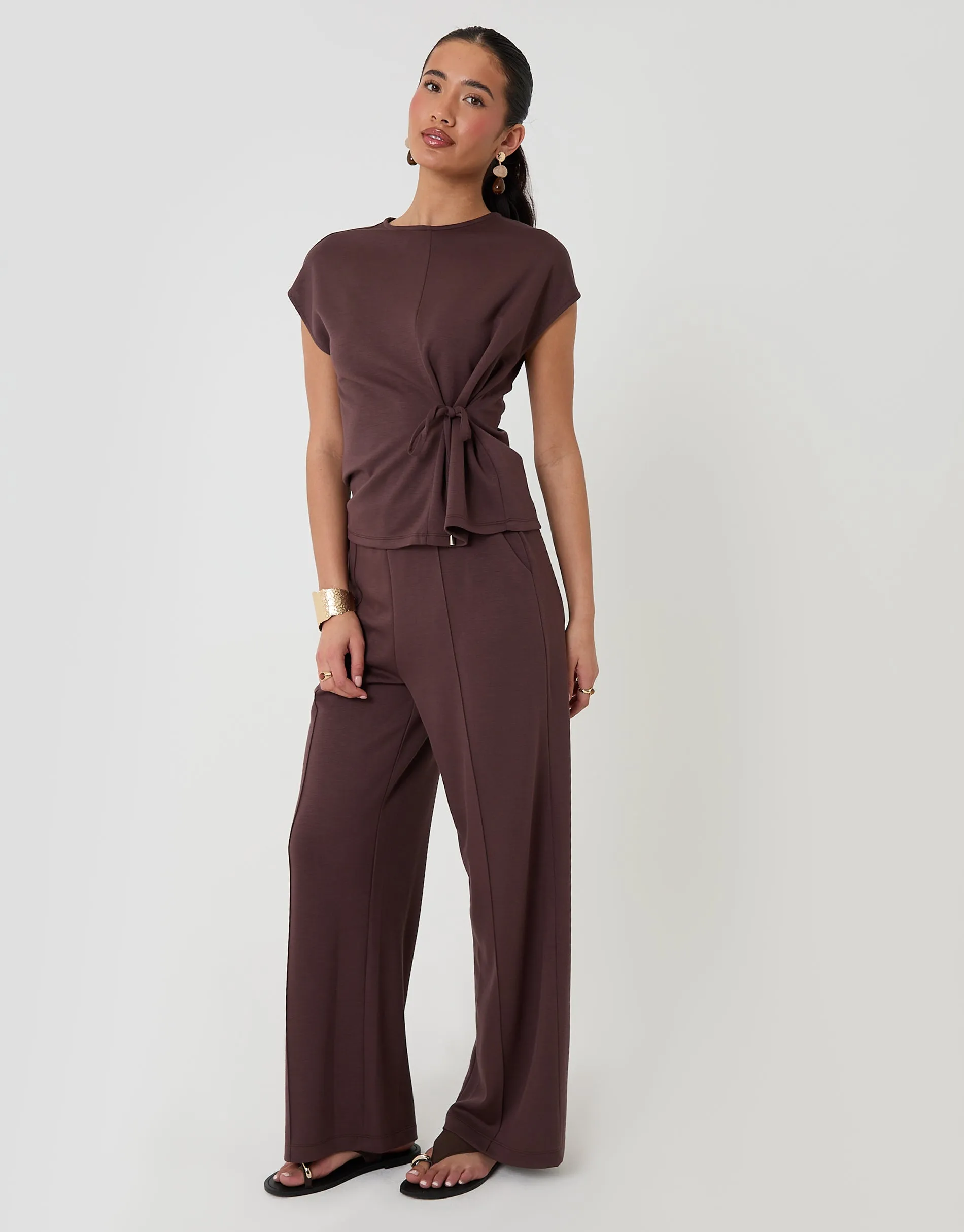 Relaxed Fit Tie Top & Wide Leg Trousers Set in Chocolate Brown sold by Threadbare