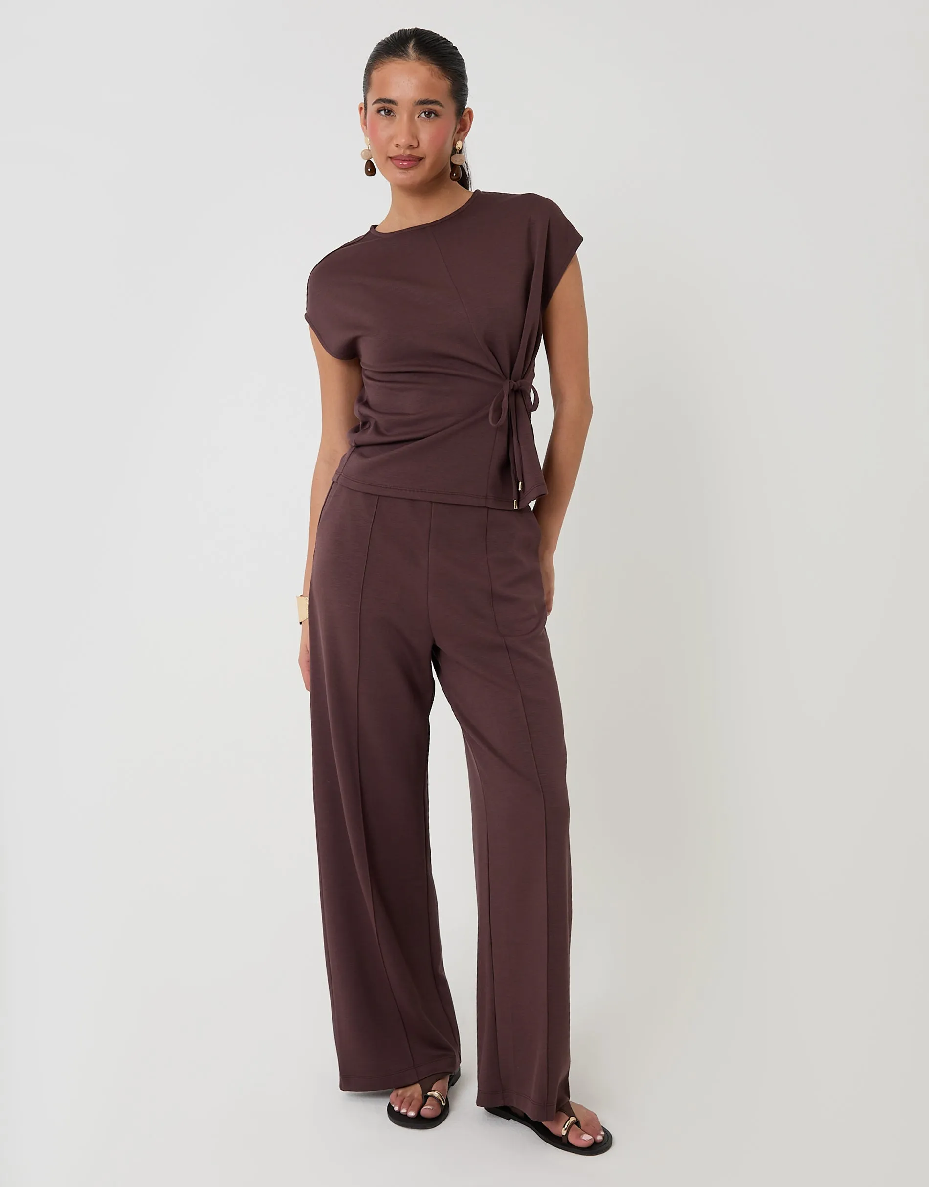 Relaxed Fit Tie Top & Wide Leg Trousers Set in Chocolate Brown sold by Threadbare product image thumbnail 4