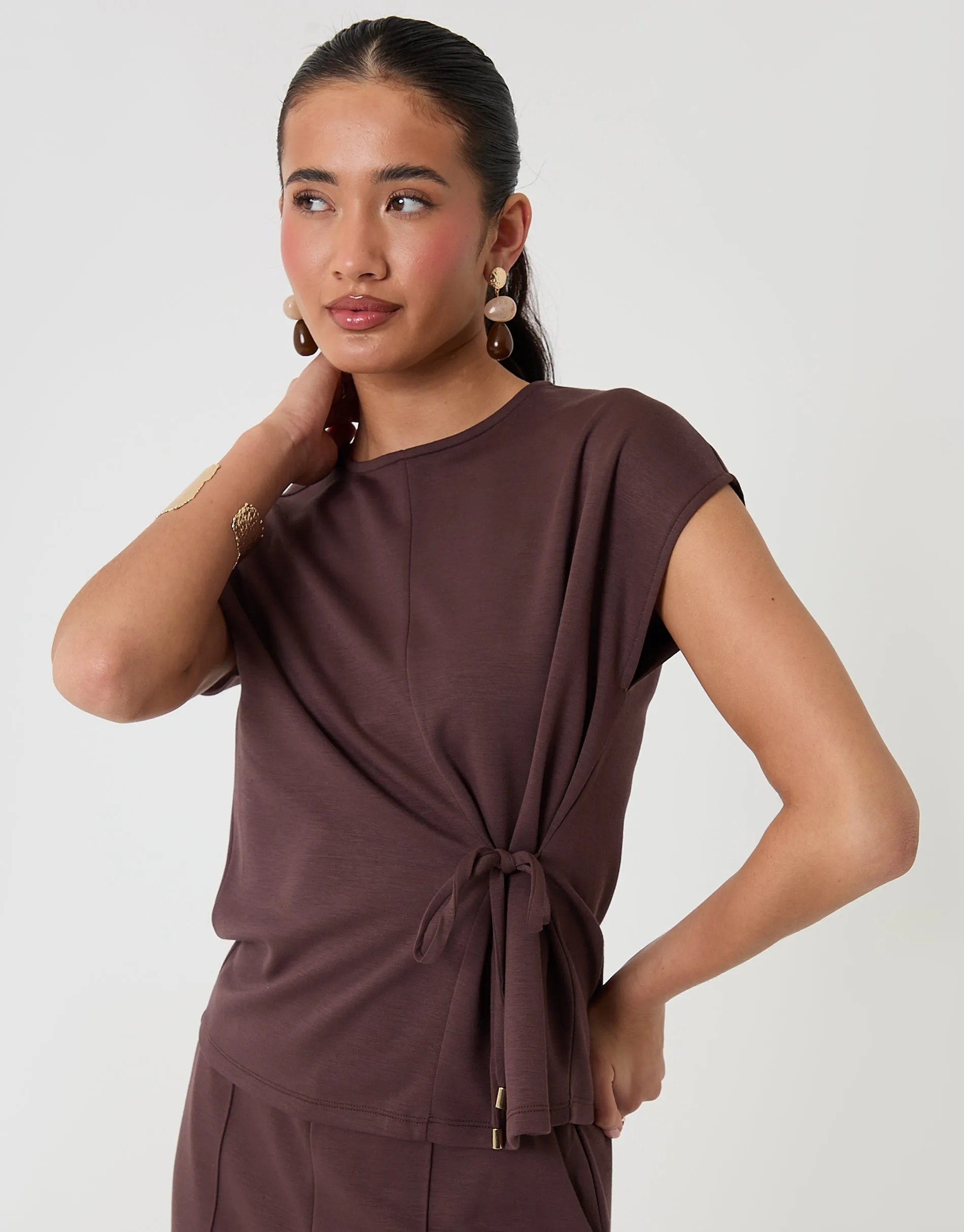 Relaxed Fit Tie Top & Wide Leg Trousers Set in Chocolate Brown sold by Threadbare product image thumbnail 3