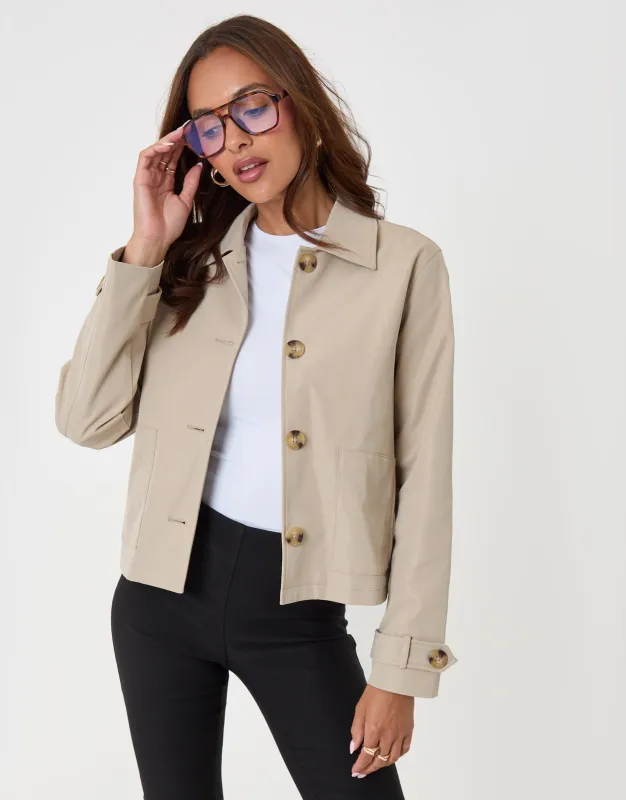 Scarf Detail Cropped Trench Coat in Stone made by Threadbare