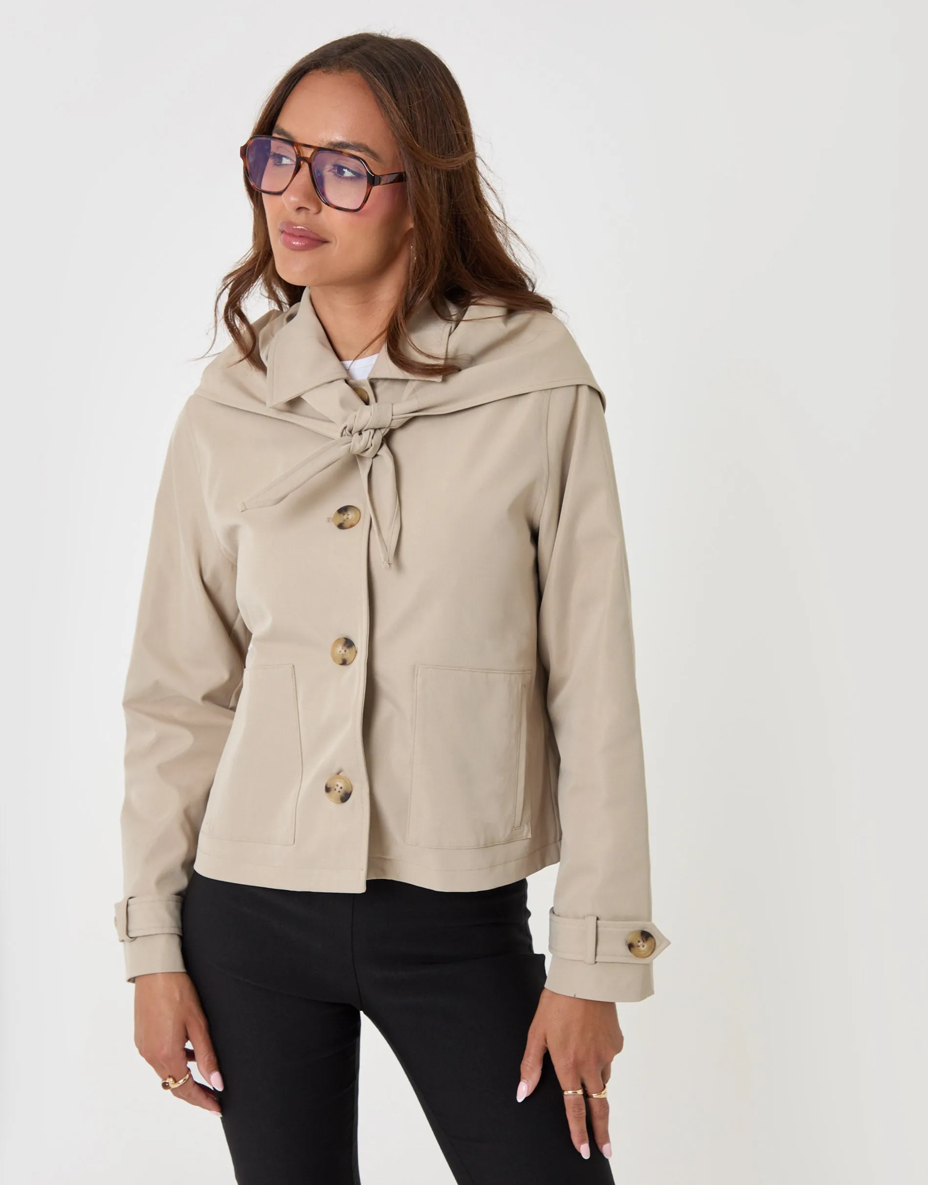 Scarf Detail Cropped Trench Coat in Stone sold by Threadbare product image thumbnail 4