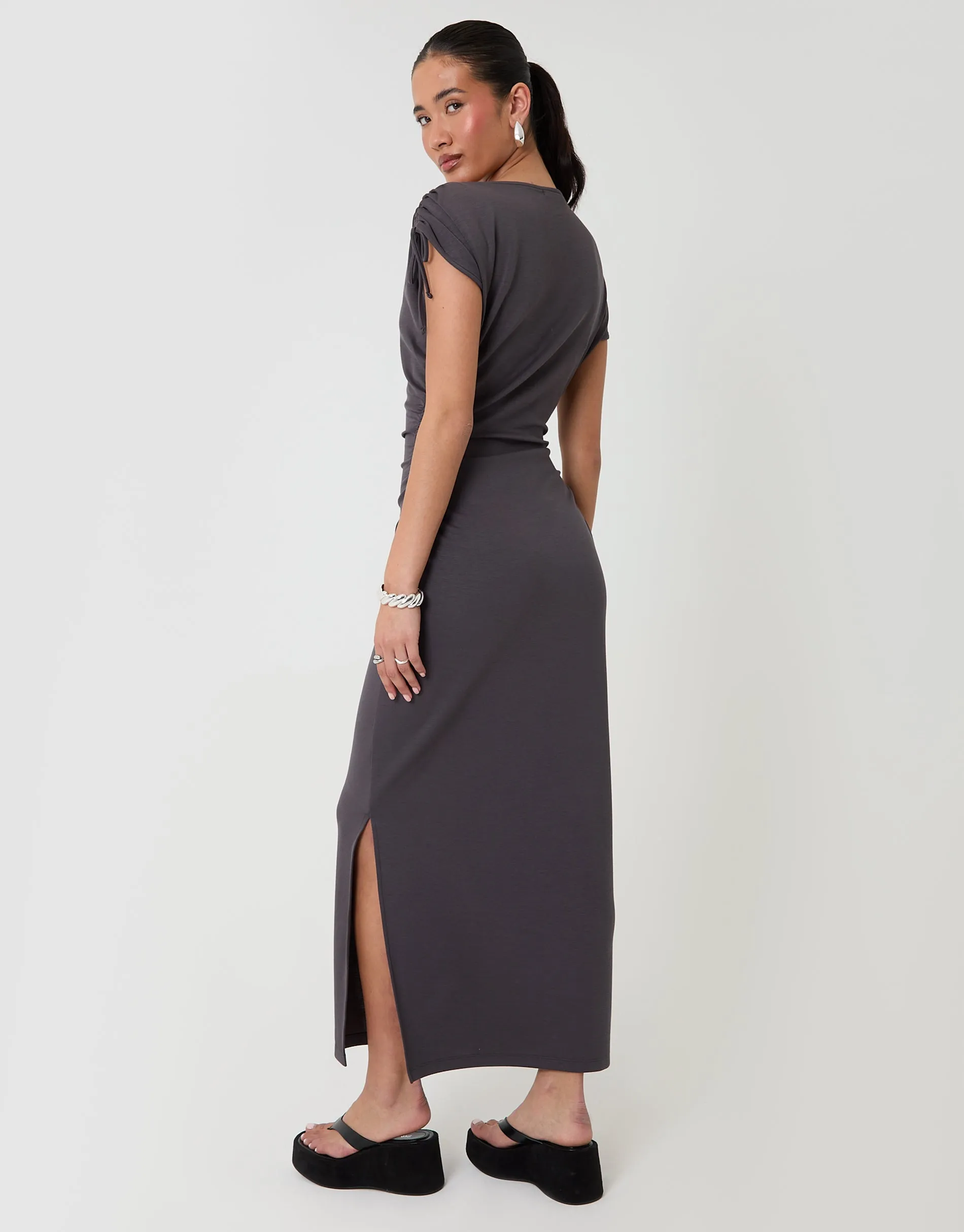 Ruched Midi Dress with Shoulder Tie Details in Charcoal Grey sold by Threadbare product image thumbnail 2