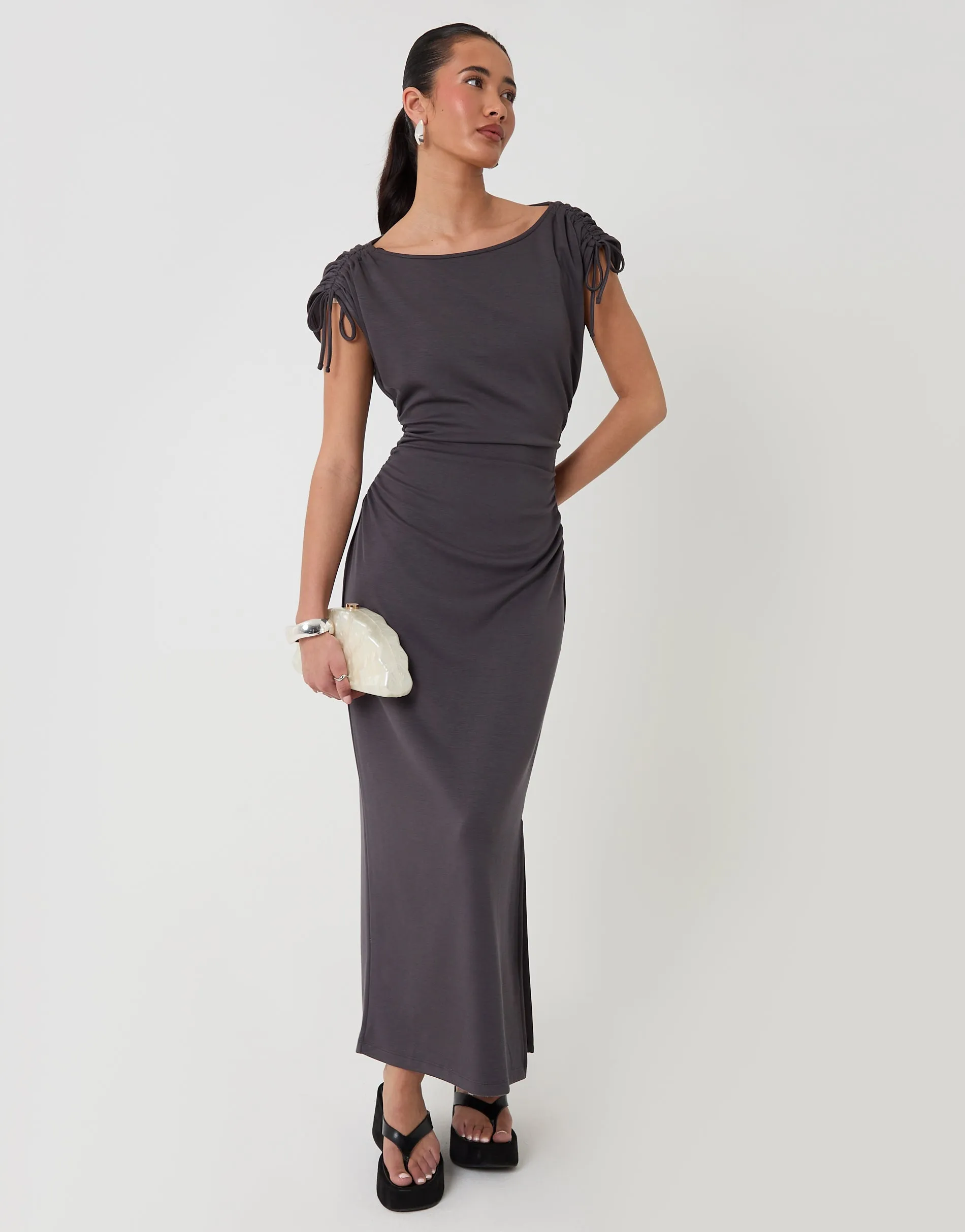 Ruched Midi Dress with Shoulder Tie Details in Charcoal Grey sold by Threadbare product image thumbnail 5