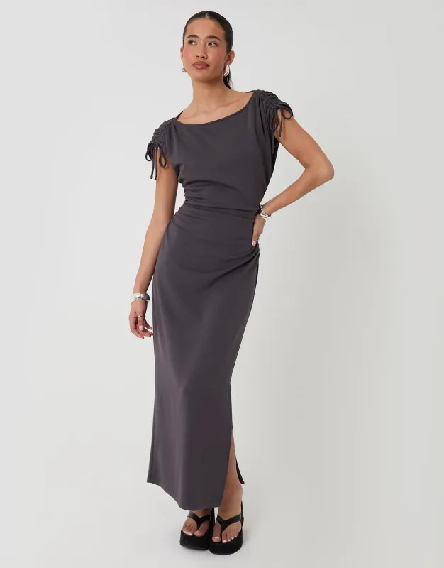Ruched Midi Dress with Shoulder Tie Details in Charcoal Grey made by Threadbare