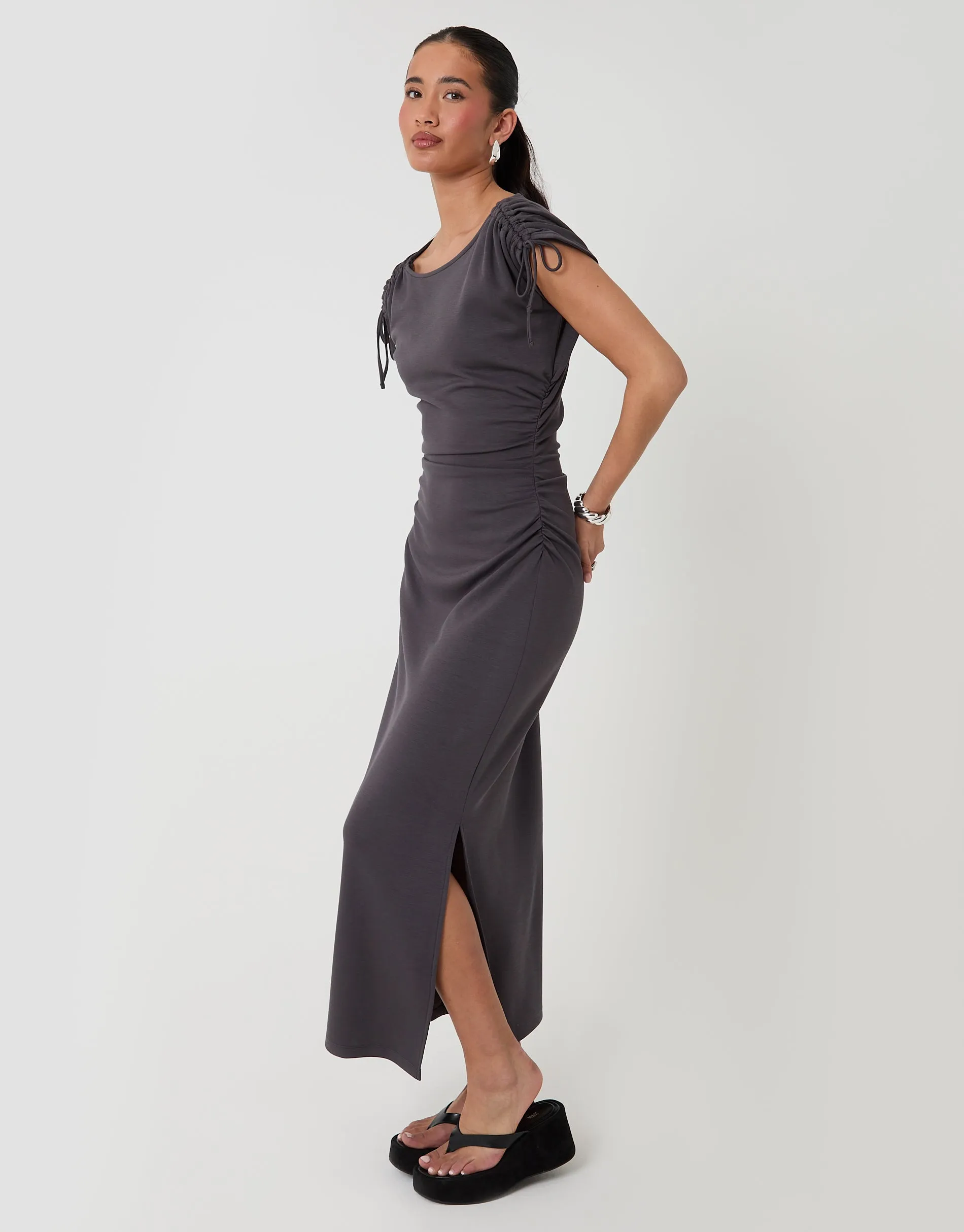 Ruched Midi Dress with Shoulder Tie Details in Charcoal Grey sold by Threadbare product image thumbnail 4