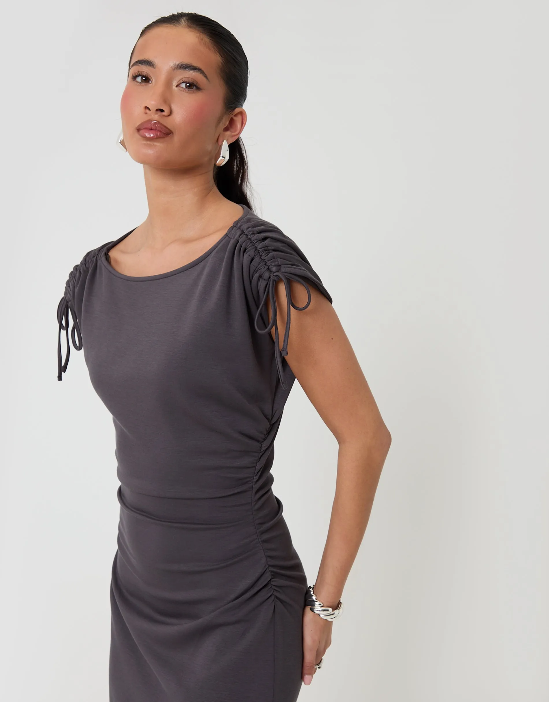 Ruched Midi Dress with Shoulder Tie Details in Charcoal Grey sold by Threadbare product image thumbnail 3
