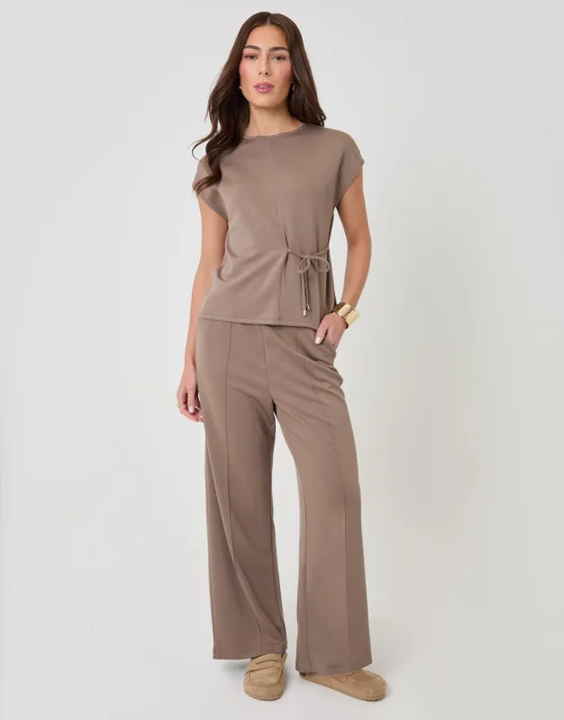 Relaxed Fit Tie Top & Wide Leg Trousers Set in Mink Brown made by Threadbare