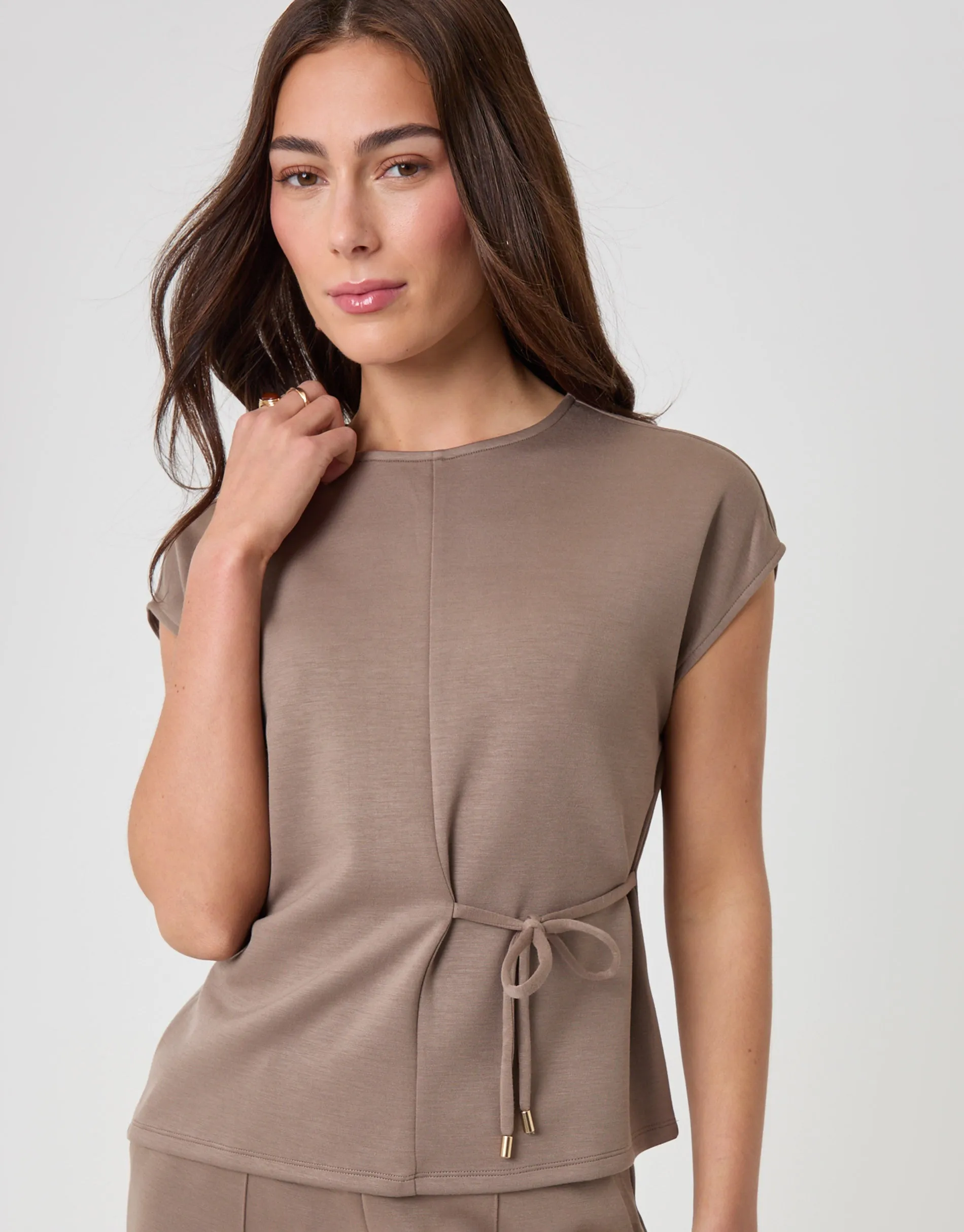 Relaxed Fit Tie Top & Wide Leg Trousers Set in Mink Brown sold by Threadbare product image thumbnail 4