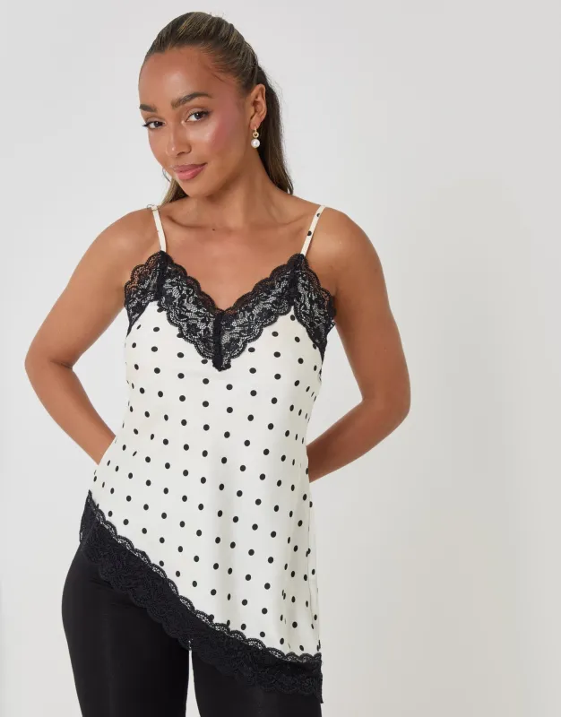 Satin Lace Trim Cami in Cream Polka Dot made by Threadbare