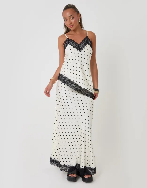 Satin Lace Trim Maxi Skirt in Cream Polka Dot made by Threadbare