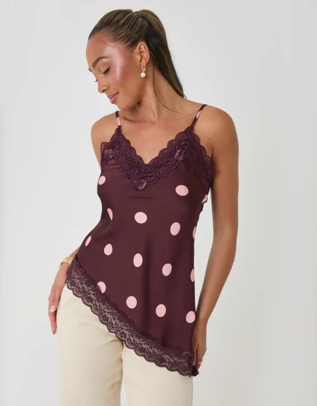 Satin Lace Trim Cami in Burgundy Polka Dot made by Threadbare