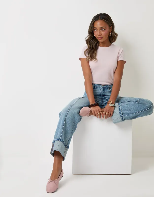 Wide Leg Turn Up Jeans in Light Wash made by Threadbare