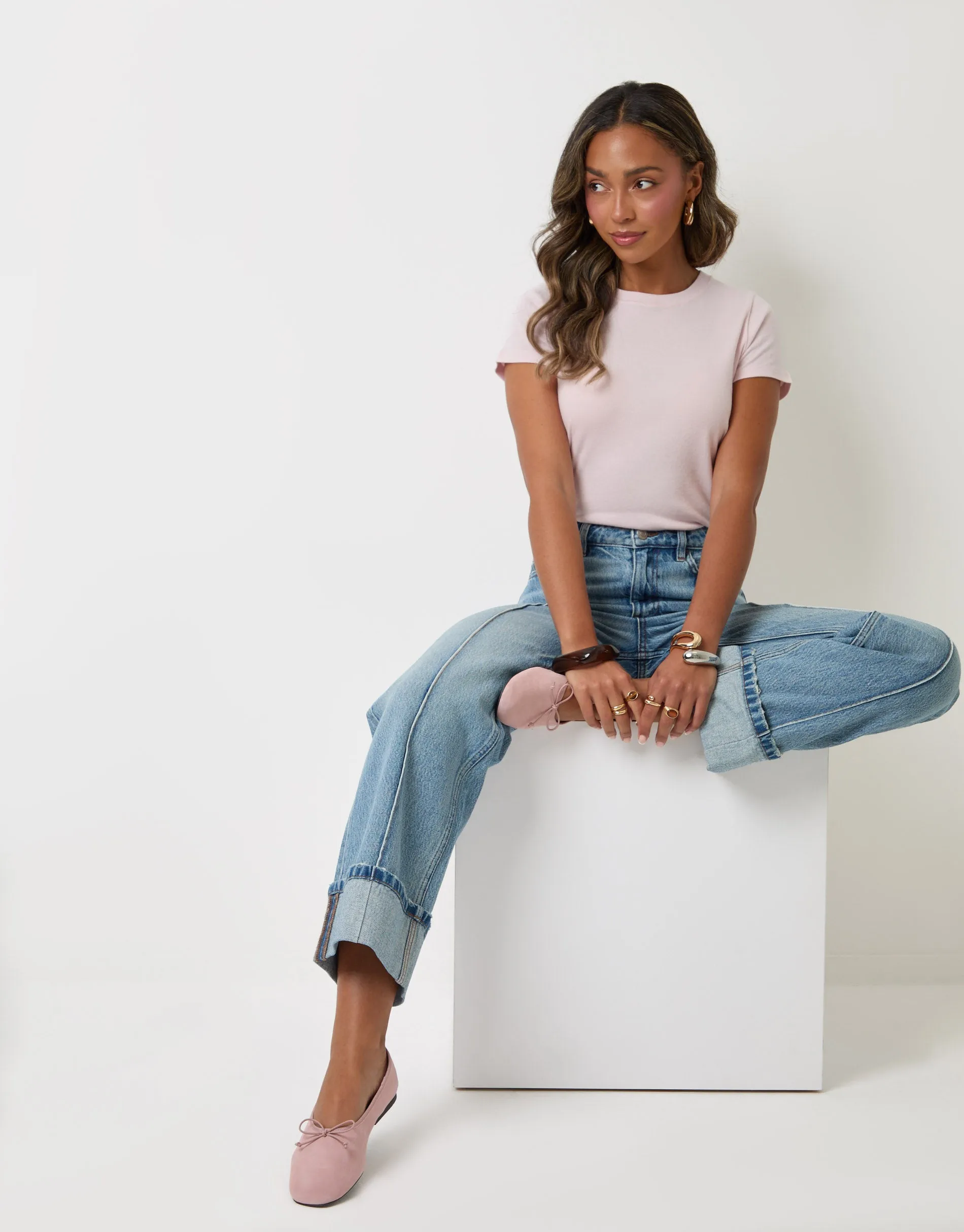 Wide Leg Turn Up Jeans in Light Wash sold by Threadbare