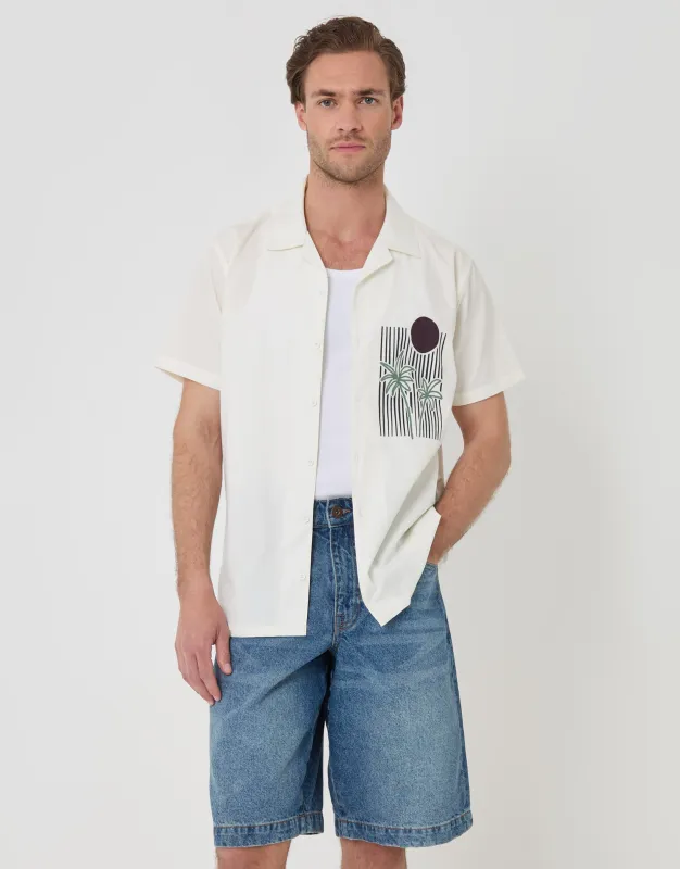 Abstract Beach Print Cotton Poplin Short Sleeve Shirt in Ecru made by Threadbare