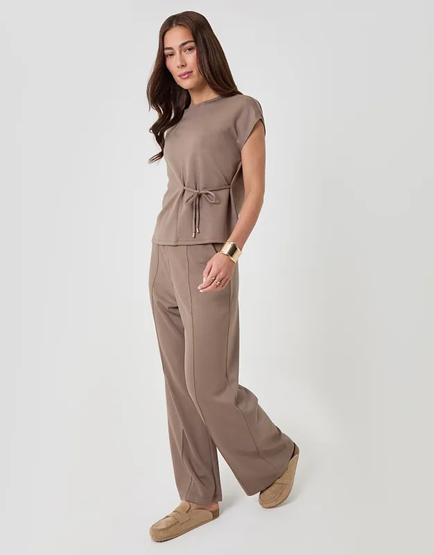 Petite Relaxed Fit Tie Top & Wide Leg Trousers Set in Mink Brown made by Threadbare