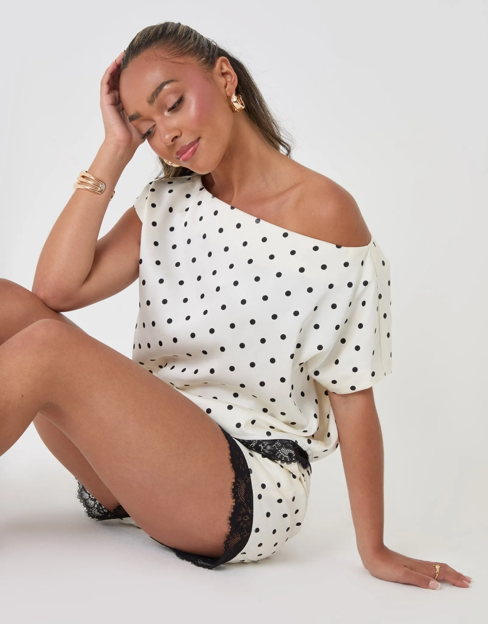 Satin Lace Trim Co-ord Slash Neck Top in Cream Polka Dot sold by Threadbare