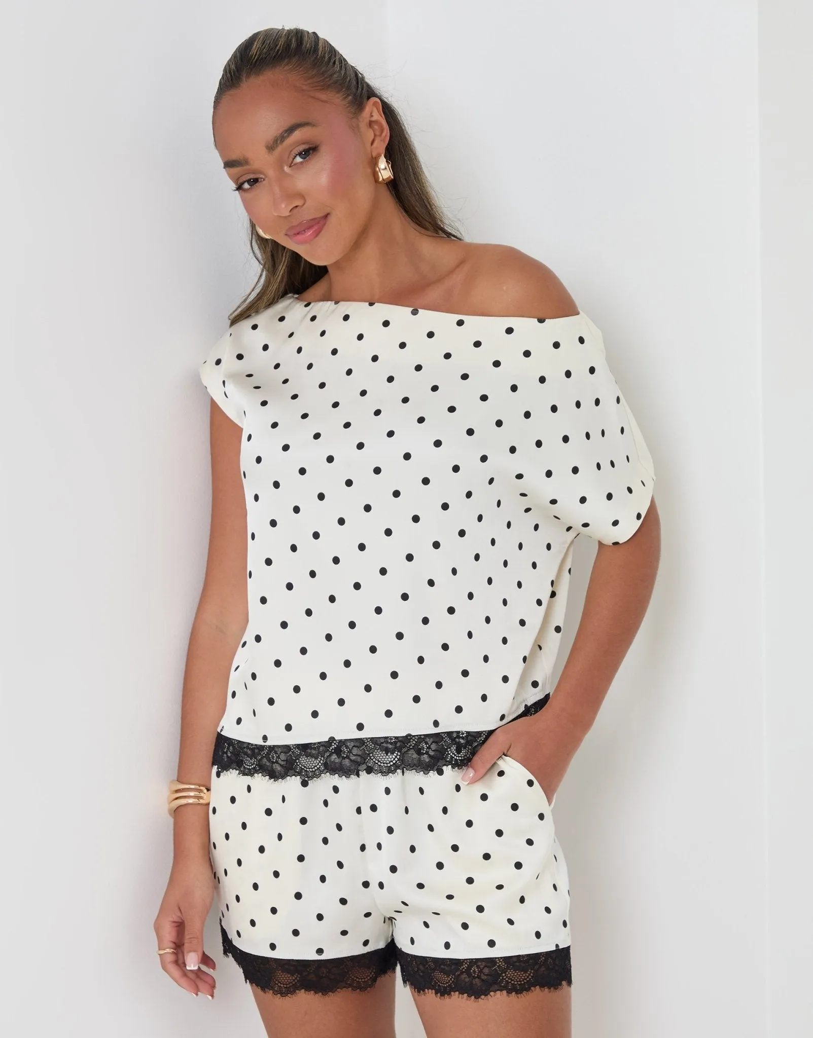 Satin Lace Trim Co-ord Slash Neck Top in Cream Polka Dot sold by Threadbare product image thumbnail 4